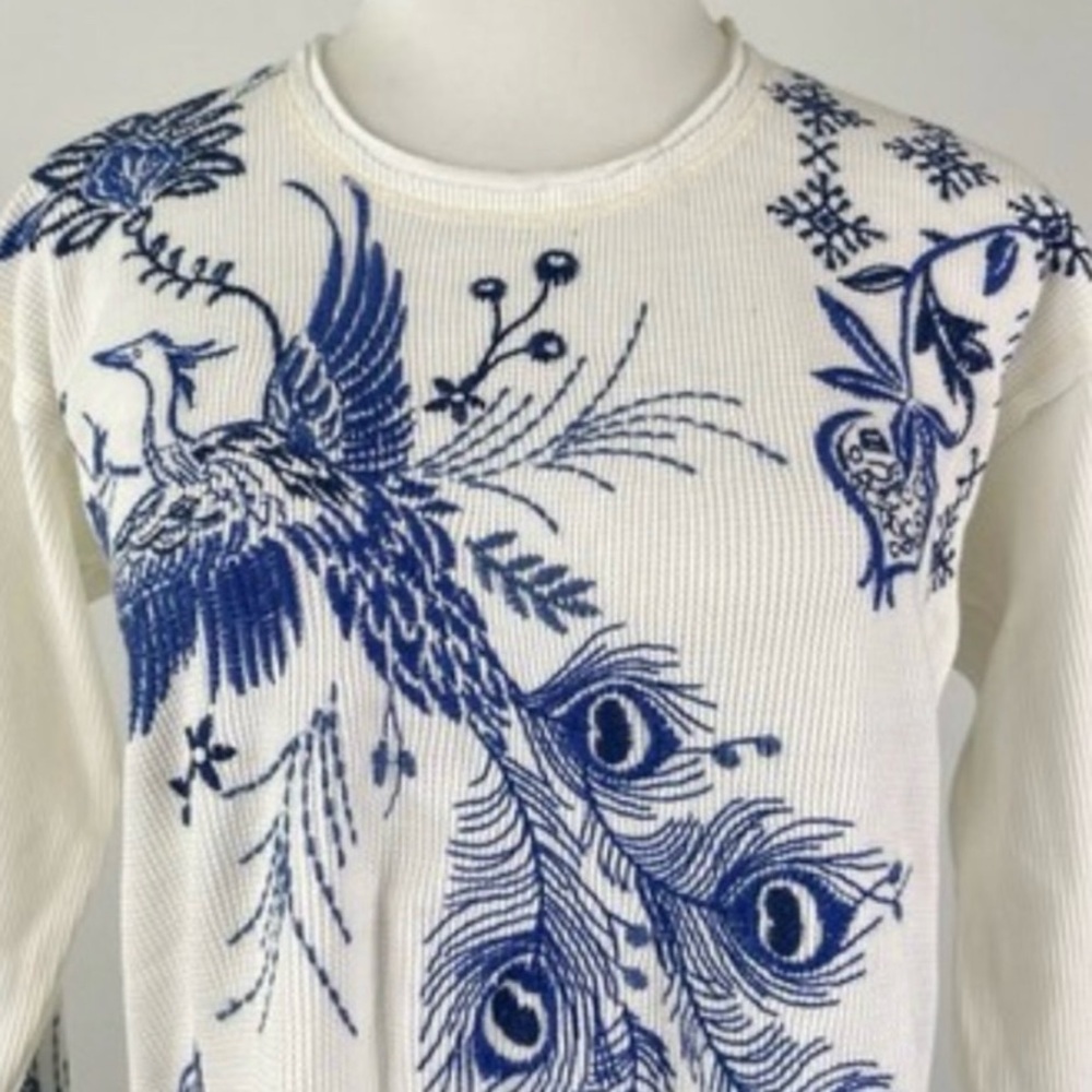 Johnny Was Cream and Blue Peacock Embroidered Shirt NEW WITH TAGS L/S Size small - Picture 3 of 11